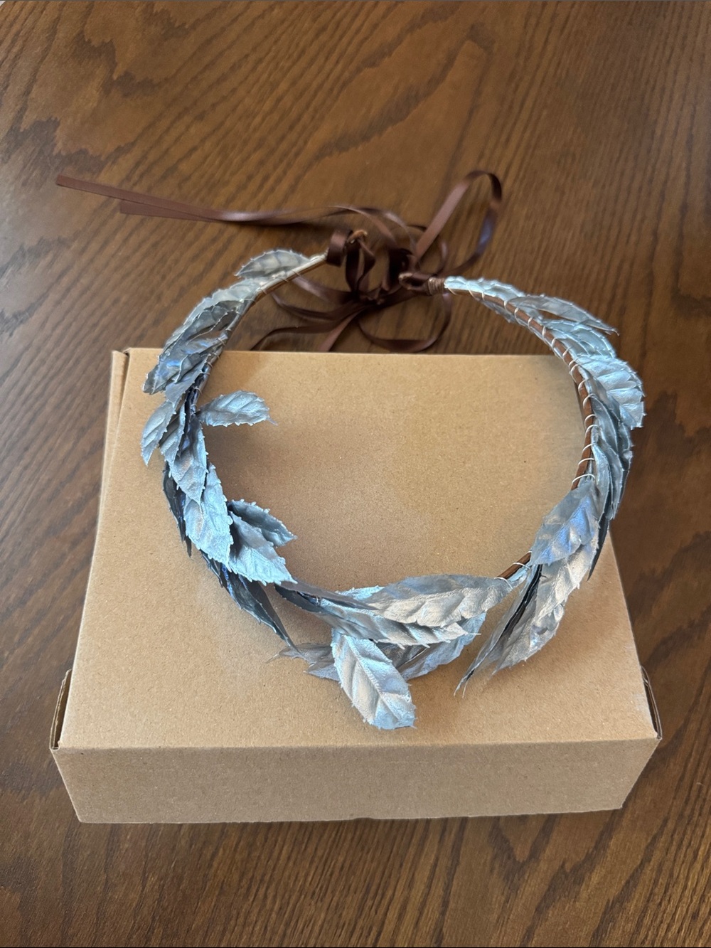 Silver Leaf Halo Headband with Brown Ribbon